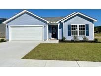 Charming one-story home with a blue exterior, well-manicured lawn, and a convenient two-car garage at 875 Owls Nest Dr., Conway, SC 29527