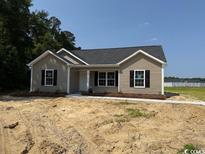 New single-story home with neutral siding, black shutters, and a gray roof situated on a spacious lot at 8062 Mill Pond Rd., Galivants Ferry, SC 29544