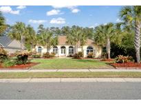 Charming single-story home featuring a lush, landscaped front yard with mature palm trees at 4016 Atalaya Pl., Myrtle Beach, SC 29579