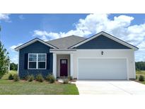 Charming single-Gathering home with blue and white accents, a two-car garage, and well-manicured lawn at 882 Farmers Passage Loop, Loris, SC 29569