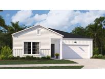 Beautifully rendered single story home showcasing a manicured lawn, modern design, and attached garage at 1167 Silver Perch Place, Sunset Beach, NC 28468