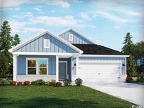 Charming single-Gathering home with light blue siding, white trim, and a two-car garage at 863 Cypress Preserve Circle, Longs, SC 29568