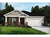 Charming single-story home featuring stone accents, a two-car garage, and a well-maintained front lawn at 4353 Falls Oaks St., Myrtle Beach, SC 29579