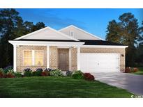 Inviting one-story brick home featuring a two-car garage and manicured lawn at 4834 Hopespring St., Myrtle Beach, SC 29579