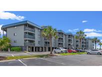 Coastal condo building featuring a gray exterior, blue roof, and palm trees in a bright, sunny setting at 6001 N Ocean Blvd. # 147, North Myrtle Beach, SC 29582