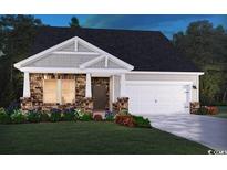 Charming single-story home with a stone facade, gray siding, well-manicured lawn, and a two-car garage at 1558 Regal Fern Way, Longs, SC 29568