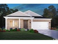 Charming brick home featuring a covered front porch, a two-car garage and manicured landscaping at 1583 Regal Fern Way, Longs, SC 29568