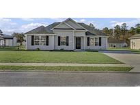 Charming single-story home with gray siding, a well-manicured lawn, and classic black shutters at 140 Cottage Creek Circle, Conway, SC 29526
