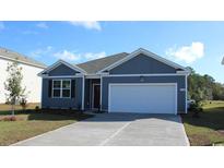 Charming single-story home showcasing blue siding, white trim, and a two-car garage on a sunny day at 862 Farmers Passage Loop, Loris, SC 29569