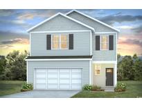Two-story home featuring a white garage door, gray siding, dark shutters, and an inviting front entrance at 594 Strawberry Field Way, Galivants Ferry, SC 29544