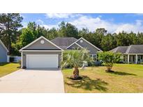 Charming single-story home with gray siding, well-manicured lawn, and a two-car garage at 247 Dempsey Dr., Loris, SC 29569