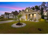 Charming home featuring a manicured lawn, a small palm tree, and two rocking chairs on the front porch at 736 Flowering Branch Ave., Little River, SC 29566