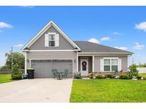 Charming two-story home with gray siding, an attached garage, and a well-manicured front yard with green lawn at 232 Red Maple Loop, Longs, SC 29568