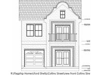 Detailed front elevation showing window and garage placement, plus balcony and architectural elements at 614 Collins St., Myrtle Beach, SC 29577