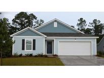Charming single-story home features a two-car garage, blue siding, and well-manicured landscaping at 1126 Black Lake Way, Conway, SC 29526