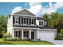 Charming two-story home featuring gray siding, black shutters, well-manicured lawn, and an attached two-car garage at 3068 Palma Way, Myrtle Beach, SC 29579