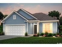 Charming single-story home with blue siding, a two-car garage, and beautifully landscaped front yard at 2500 Watershed Way, Longs, SC 29568