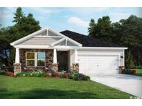 Charming single-story home with stone accents, a two-car garage, and a well-manicured lawn at 1580 Regal Fern Way, Longs, SC 29568