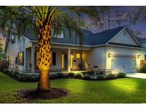 Charming home exterior with a well-lit palm tree in the front yard at twilight at 915 Palmetto St., Georgetown, SC 29440