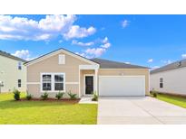 Charming single-story home with a well-maintained lawn, bright siding, and an attached two-car garage at 212 Warner Crossing Way, Loris, SC 29569