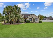 Charming single-story home featuring a well-manicured lawn, lush palm trees, and tasteful landscaping at 196 La Patos Dr., Myrtle Beach, SC 29588