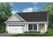 Charming single-Gathering home with a white garage, siding, black roof, and a welcoming yellow front door at 2219 Flatleaf Ct, Longs, SC 29568