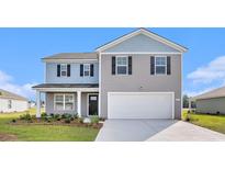 Charming two-story home with grey and blue siding, black shutters, and an attached two-car garage at 555 Strawberry Field Way, Galivants Ferry, SC 29544
