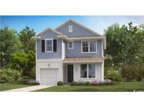 Charming two-story home featuring a light blue exterior, attached garage, and well-manicured lawn at 791 Sturdy Root Rd, Myrtle Beach, SC 29588