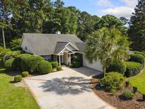 Well-maintained single-story home with a concrete driveway, manicured landscaping, and a charming front entrance at 168 Mackinley Circle, Pawleys Island, SC 29585