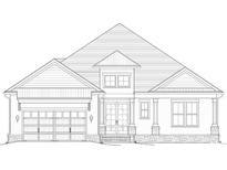 Detailed black-and-white rendering of a charming home showcasing a two-car garage and symmetrical design at 2104 Clematis Ct., Myrtle Beach, SC 29579