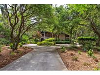 Stunning exterior view of home featuring lush landscaping and mature trees along a winding driveway at 58 Swan Point Trail, Georgetown, SC 29440