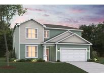 Charming two-story home with a two-car garage, green siding, and landscaped front yard at 8644 Farrier Dr., Myrtle Beach, SC 29588