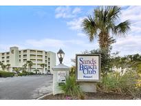 Sands Beach Club Resort signage with palm trees and condo building in the background on a bright day at 9400 Shore Dr. # 409, Myrtle Beach, SC 29572