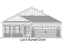 Rendering of a one-story home showcasing a brick facade, covered front porch, and an attached two-car garage at 88 Henderson Way, Pawleys Island, SC 29585