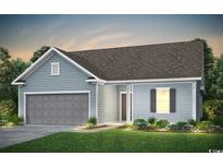 Charming single-story home with a neatly manicured lawn, attached garage and beautiful light blue siding at 319 River Edge Dr., Myrtle Beach, SC 29588