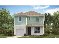 Charming two-story home with mint-green siding, a garage, and a well-manicured lawn at 3382 Wood Stork Dr., Ocean Isle Beach, SC 28469