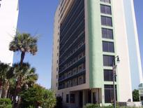 Low angle exterior of the condo building showing balconies, a palm tree, and colorful green and white exterior at 2310 North Ocean Blvd. # 1105, Myrtle Beach, SC 29572