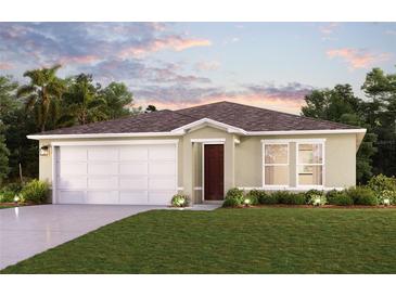 Single-story home with two-car garage and landscaped lawn at 743 Harland Ct, Kissimmee, FL 34758