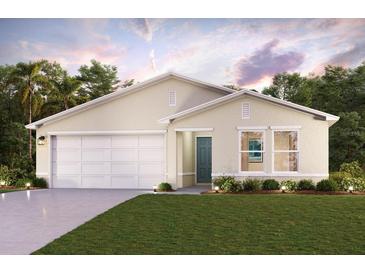 Charming single-story home with a two-car garage, lush lawn, and a beautifully landscaped front yard at 91 Guava Pass, Ocklawaha, FL 32179