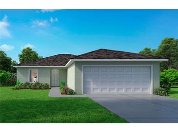 Charming single-story home with a two-car garage, manicured lawn, and vibrant landscaping at 756 Pelican Ct, Poinciana, FL 34759