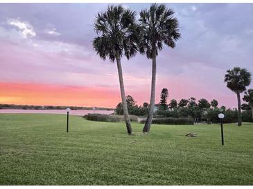 Picturesque backyard boasts vibrant green lawn, waterfront view, and swaying palm trees against a sunset sky at 64 Ocean Palm S Dr # 64, Flagler Beach, FL 32136