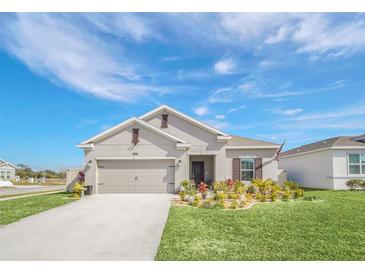 Newly built home with landscaped front yard, driveway and two car garage at 4247 Little Owl Ln, Kissimmee, FL 34746