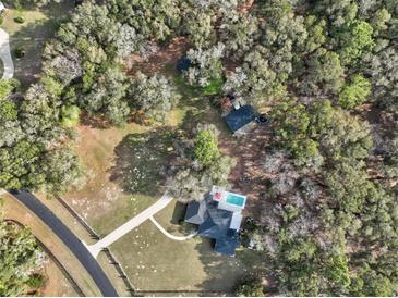Stunning aerial view of a house with a pool and well-maintained grounds surrounded by lush trees at 7024 Sw 93Rd Street Rd, Ocala, FL 34476
