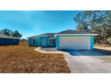 Charming single-story blue home with a two-car garage, and well-maintained landscaping at 211 Oak Lane Loop, Ocala, FL 34472