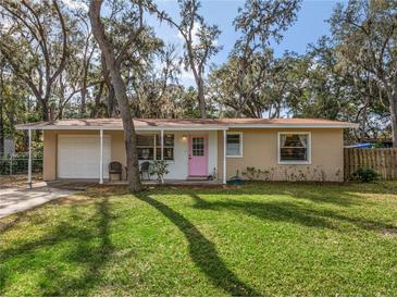 Charming single-story home with a pink front door, lush lawn, and mature trees at 354 Fir St, Ormond Beach, FL 32174