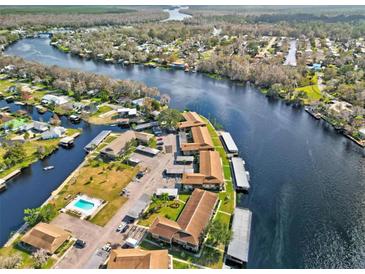 Panoramic aerial view of waterfront property with pool, boat docks, and stunning river views at 1640 Juno Trl # 202E, Astor, FL 32102