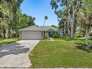 Charming single-story home featuring a two-car garage, well-maintained lawn, and mature landscaping at 2531 Needle Palm Dr, Edgewater, FL 32141