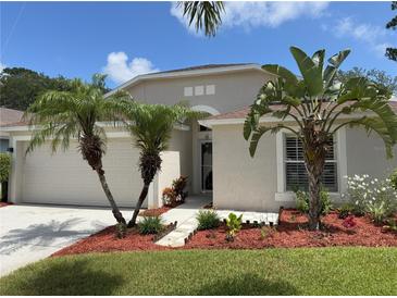 Charming single-story home with a well-manicured lawn and tropical landscaping, including palm trees at 465 Dahoon Holly Dr, Daytona Beach, FL 32117