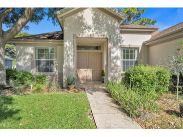 Inviting home exterior with a well-manicured lawn, lush landscaping, and a charming double-door entrance at 12176 Se 91St Ave, Summerfield, FL 34491