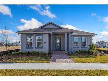 Single-story home with gray siding, teal door, and landscaped yard at 10260 Medawar St, Orlando, FL 32827